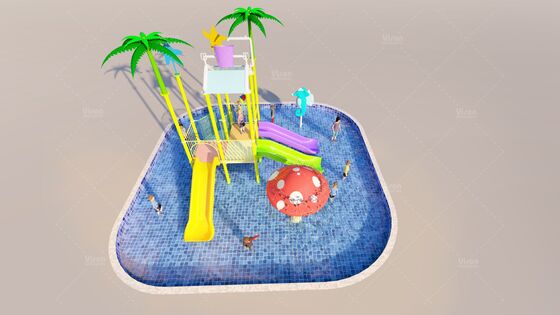 Fibra di vetro Mini struttura di gioco d'acqua con 3 scivoli e secchio di ribaltamento per bambini Parco giochi acquatici