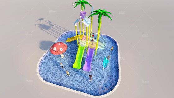 Fibra di vetro Mini struttura di gioco d'acqua con 3 scivoli e secchio di ribaltamento per bambini Parco giochi acquatici