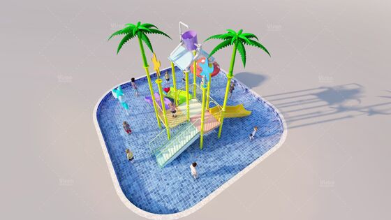 Fibra di vetro Mini struttura di gioco d'acqua con 3 scivoli e secchio di ribaltamento per bambini Parco giochi acquatici