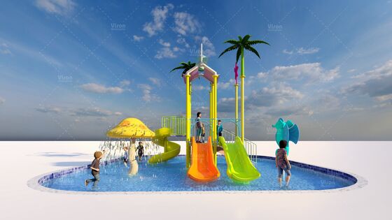Fibra di vetro Mini struttura di gioco d'acqua con 3 scivoli e secchio di ribaltamento per bambini Parco giochi acquatici