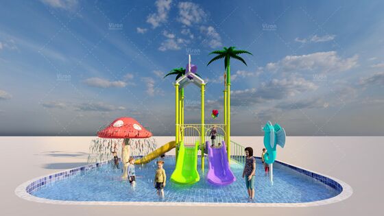 Fibra di vetro Mini struttura di gioco d'acqua con 3 scivoli e secchio di ribaltamento per bambini Parco giochi acquatici
