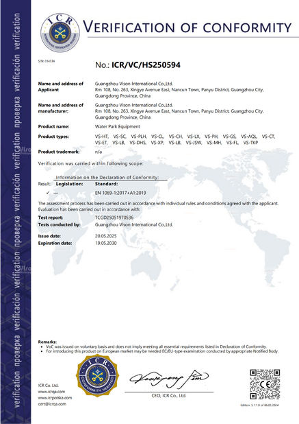 La CINA GUANGZHOU VISON INTERNATIONAL WATER PARK EQUIPMENT CO.,LTD Certificazioni
